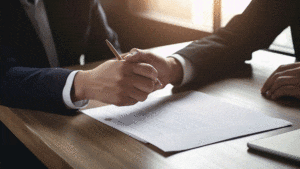 Una persona obligando a firmar a otra un contrato