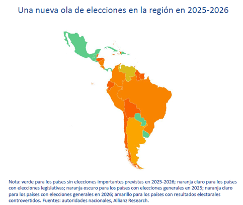 Mapa de los procesos electorales previstos en 2025-2026 en los diferentes países de latinoamérica.