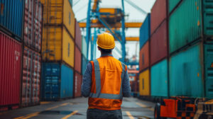 Trabajador supervisando contenedores de carga en el puerto