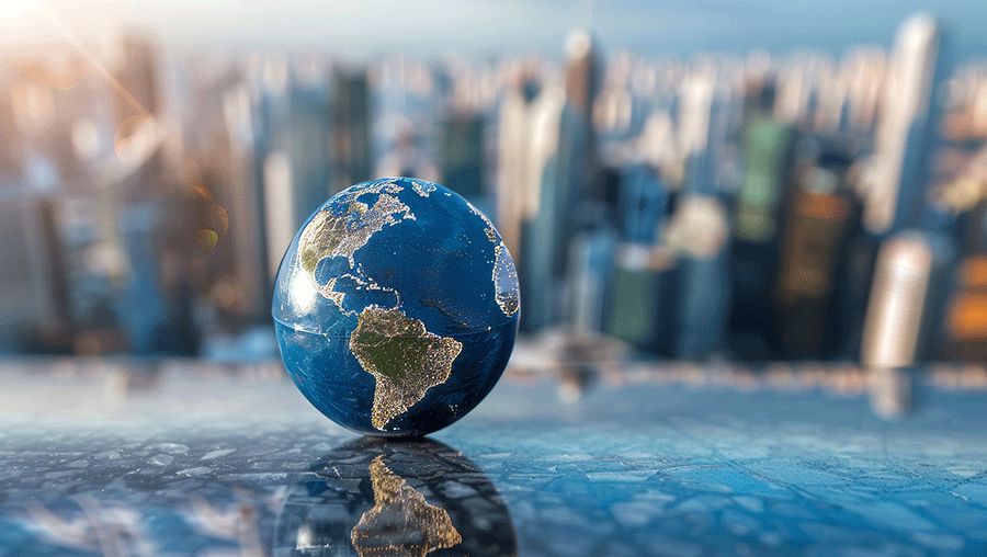 Bola del mundo con fondo de empresas internacionales