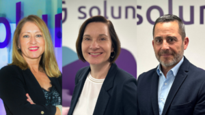 Leticia San Segundo Sánchez, nueva Directora Corporativa de Auditoría Interna de Solunion; Yvonne Heijmans, nueva Directora Corporativa de Caución de Solunion; y Roberto González Calderón, nuevo Director Corporativo de Seguridad de Solunion